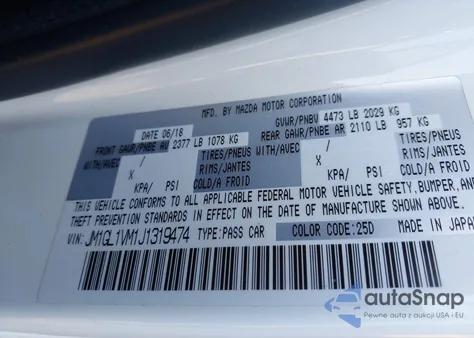 2018 Mazda 6 Touring z USA, uszkodzony, nr VIN JM1GL1VM1J1319474